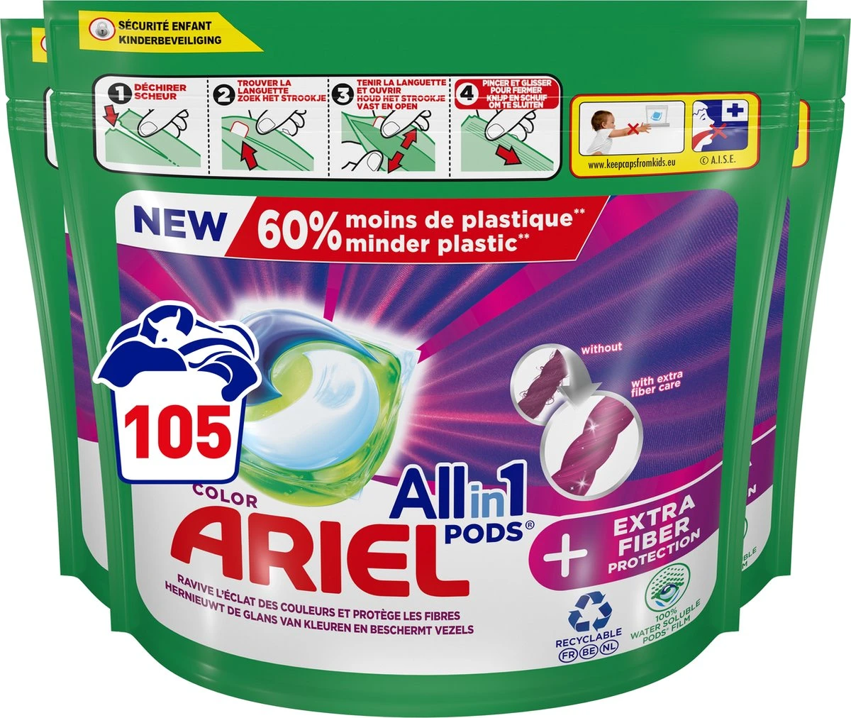Ariel All In 1 Wasmiddel Pods + Extra Vezelbescherming - Voordeelverpakking 3 X 35 Wasbeurten 1 Ariel All In 1 Wasmiddel Pods + Extra Vezelbescherming - Voordeelverpakking 3 X 35 Wasbeurten