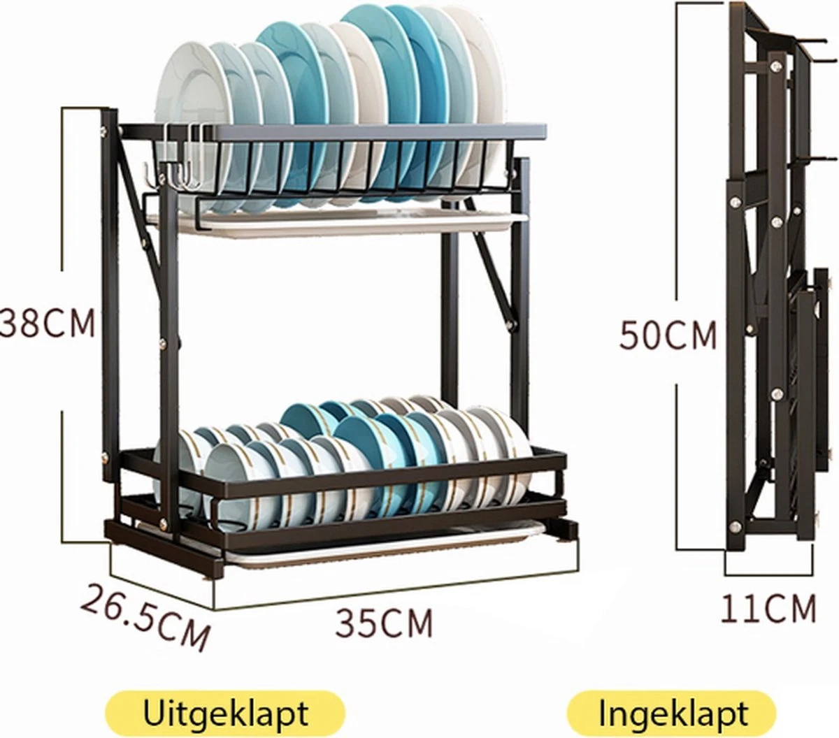 Doogo® Afdruiprek Met Lekbak 2 Laags – Inklapbaar - Muur Hangen Mogelijke - Afwasrek – Met 2 Lekbakken – Extra Accessories Voor Servies En Snijplanken - RVS 4 Doogo® Afdruiprek Met Lekbak 2 Laags – Inklapbaar - Muur Hangen Mogelijke - Afwasrek – Met 2 Lekbakken – Extra Accessories Voor Servies En Snijplanken - RVS - Afbeelding 4