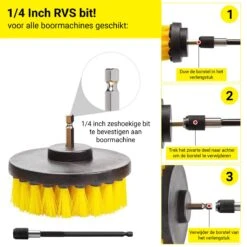 Merkloos 4-delige Borstelset Voor Boormachine - Inclusief Verlengstuk - Opzetborstels - Schrobborstel - Schuurborstel - Schoonmaakborstel - Tapijtreiniger - Brush - Geel - Gratis Verzending -Levensrandproducten 1200x1200 1443