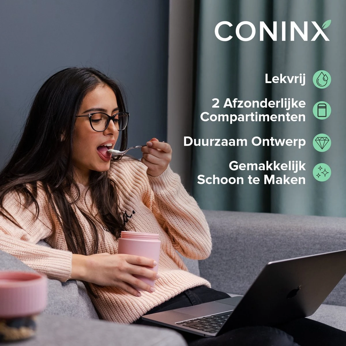 Coninx Yoghurtbeker To Go - Muesli Beker To Go - Lunchbeker - Mueslibeker 640ml (450ml+190ml) - Roze 4 Coninx Yoghurtbeker To Go - Muesli Beker To Go - Lunchbeker - Mueslibeker 640ml (450ml+190ml) - Roze - Afbeelding 4