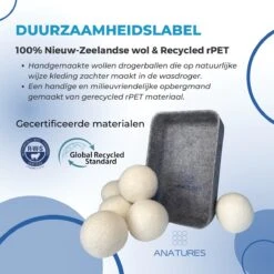 ANATURES Wollen XL Drogerballen 6 Stuks In Opbergmand – Herbruikbare Droogballen Wasdroger – Nieuw Zeelands RWS Schaapswol - Wasdrogerballen Duurzaam – Natuurlijke Wasverzachter -Levensrandproducten 1200x1200 443