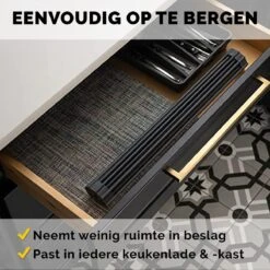 Kitch&Life Afdruiprek Oprolbaar - Mat Zwart - Pannenonderzetter - Afdruipmat - Keukenrek 3-in-1 -Levensrandproducten 1200x1200 852