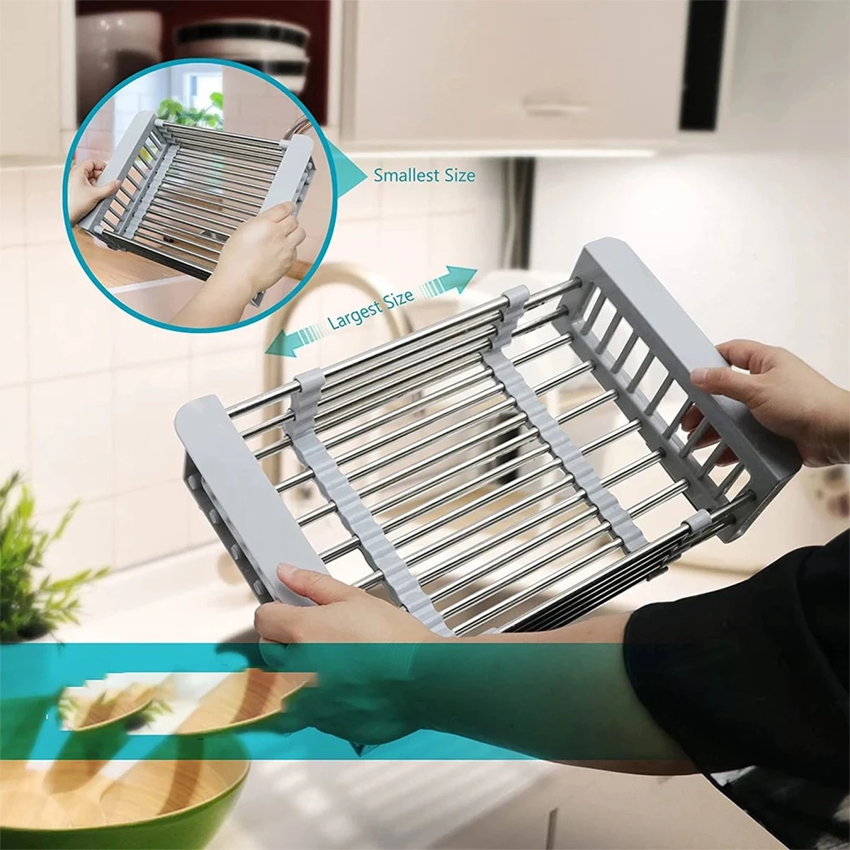 IBright Verstelbare Keukenrek - Gootsteen Mand - Afdruiprek – Vergiet – Verstelbaar In Lengte - Uitschuifbaar - RVS Grijs 2 IBright Verstelbare Keukenrek - Gootsteen Mand - Afdruiprek – Vergiet – Verstelbaar In Lengte - Uitschuifbaar - RVS Grijs - Afbeelding 2