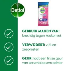 Dettol - Schoonmaakdoekjes - Power & Fresh - Kersenbloesem - 4 X 80 Stuks - Voordeelverpakking 15 Dettol - Schoonmaakdoekjes - Power & Fresh - Kersenbloesem - 4 X 80 Stuks - Voordeelverpakking -Levensrandproducten 1200x1200 963