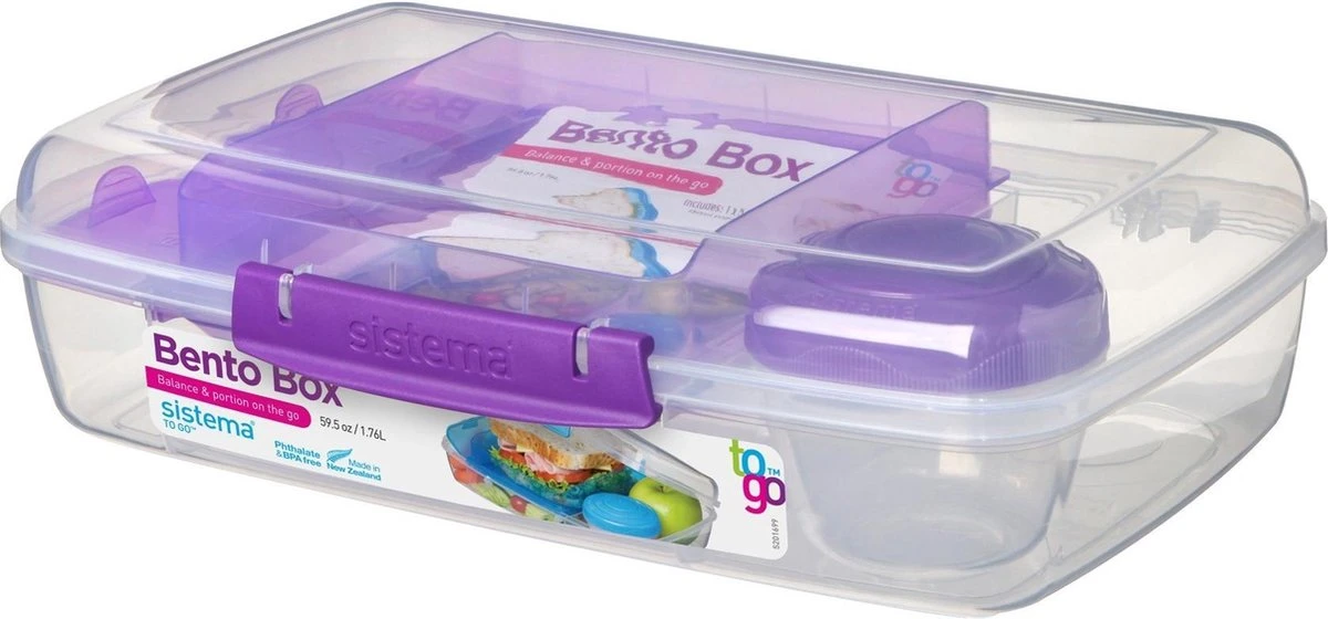 Sistema Bento Box 1.76L Met Boterhamlade - Doorzichtig/Paars 1 Sistema Bento Box 1.76L Met Boterhamlade - Doorzichtig/Paars