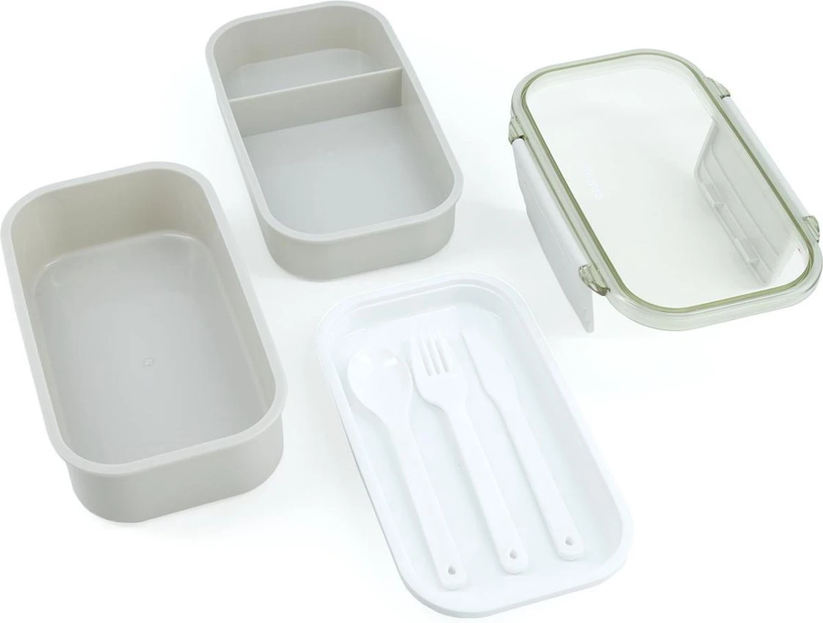 Homra Lunchbox STAQS Grey - Bento Box - 2 Laags Broodtrommel - 3 Compartimenten - Grijs - Lunch To Go - Duurzaam Kunststof - BPA Vrij - 3 Vaks Lunchtrommel Voor Volwassenen - Inclusief Bestek - Magnetron, Diepvries, Vaatwasser Bestendig - Vers Houden 2 Homra Lunchbox STAQS Grey - Bento Box - 2 Laags Broodtrommel - 3 Compartimenten - Grijs - Lunch To Go - Duurzaam Kunststof - BPA Vrij - 3 Vaks Lunchtrommel Voor Volwassenen - Inclusief Bestek - Magnetron, Diepvries, Vaatwasser Bestendig - Vers Houden - Afbeelding 2
