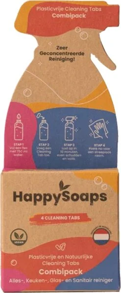 HappySoaps Cleaning Tabs - Combipack Met 4 Verschillende Tabs - Allesreiniger, Keukenreiniger, Glasreiniger En Sanitairreiniger - 100% Plasticvrij, Duurzaam & Vegan -Levensrandproducten 496x1200 2