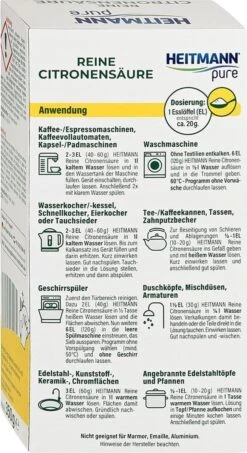 HEITMANN Pure Ontkalker- Citroenzuur Ontkalker, Natuurvriendelijke Kalkreiniger Voor Een Hygiënische Reiniging - Poeder, 1x 350 G -Levensrandproducten 654x1200